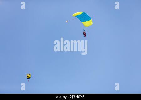 Skydiver avec une petite voûte d'un parachute sur le fond un ciel bleu, gros plan. Parachutisme sous parachute Banque D'Images