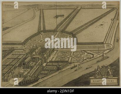 Hampton court, planche six de Britannia Illustrata, publié en 1707. Banque D'Images