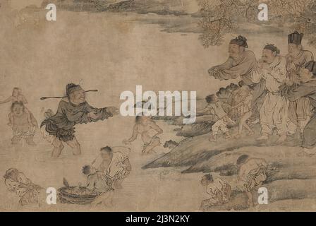 Yang pu déplacer sa famille, dynastie Yuan (1279-1368). Peinture à l'encre à défilement long représentant des personnes avec leurs animaux et leurs effets qui traversent une rivière. Détails d'une illustration plus grande. Banque D'Images