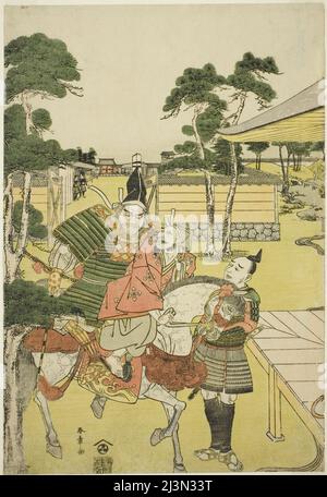 Musashibo Benkei apporte le Tosabo Shoshun capturé à Yoshitsune dans la pièce Horikawa Youchi no zu Uki-e Nimaitsuzuki, Japon, c. 1782. Banque D'Images