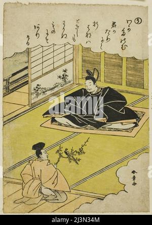 U: Narihira présente un chancelier avec un modèle de Pheasant, de la série "Tales of ISE in fashion Brocade Pictures (Furyu nishiki-e ISE monogatari)", Japon, c. 1772/73. Banque D'Images