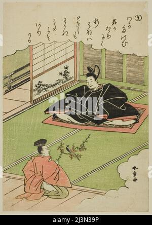 U: Narihira présente un chancelier avec un modèle de Pheasant, de la série "Tales of ISE in fashion Brocade Pictures (Furyu nishiki-e ISE monogatari)", Japon, c. 1772/73. Banque D'Images