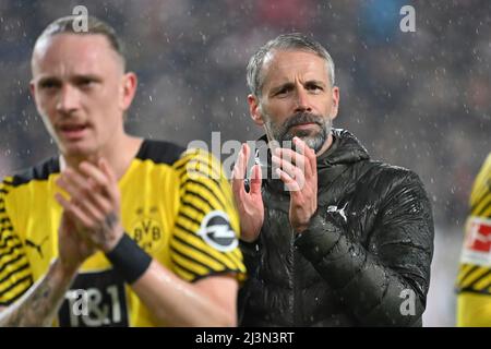 Stuttgart, Allemagne. 08th avril 2022. Dernière jubilation Marco ROSE (entraîneur Borussia Dortmund) football 1st saison Bundesliga 2021/2022, 29th match day, matchday29. VFB Stuttgart-Borussia Dortmund 0-2, le 04/08/2022, Mercedes Benz Arena Stuttgart Credit: dpa/Alay Live News Banque D'Images