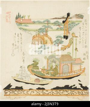 Takeda Mechanical Device (Takeda karakuri): Haku Rakuten (Chinois: Bai Juyi) et le pêcheur, Japon, vers le début du 19th siècle. Banque D'Images
