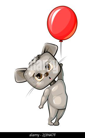 Drôle de souris mignonne se déporte avec un ballon rouge. Drôle d'animal de bébé. Style de dessin animé. Illustration pour les enfants. Isolé sur fond blanc. Vecteur. Illustration de Vecteur