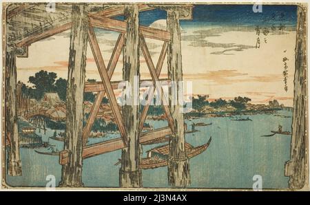 Lune au crépuscule au pont de Ryogoku (Ryogoku no yozizuki), de la série "vues célèbres de la capitale orientale (Toto Meisho)", c. 1831. Banque D'Images