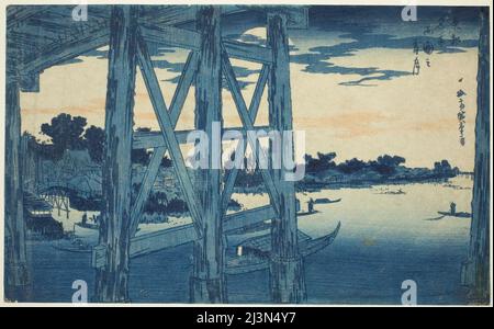 Lune au crépuscule au pont de Ryogoku (Ryogoku no yozizuki), de la série "vues célèbres de la capitale orientale (Toto meisho)", c. 1831. Banque D'Images