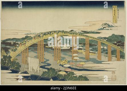 Pont Yahagi à Okazaki sur le Tokaido (Tokaido Okazaki Yahagi no hashi), de la série "vues inhabituelles des ponts célèbres dans diverses provinces (Shokoku meikyo kiran)&#x201d;, Japon, c. 1833/34. Banque D'Images