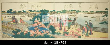 Pages du livre illustré "vues panoramiques le long des rives de la rivière Sumida (Ehon Sumidagawa ryogyan ichiran)", Japon, 1801, 1804, ou 1806. Banque D'Images