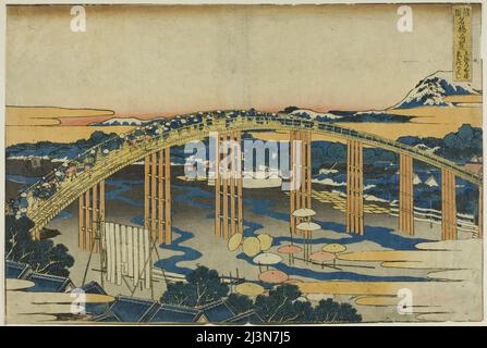 Pont Yahagi à Okazaki sur le Tokaido (Tokaido Okazaki Yahagi no hashi), de la série "vues inhabituelles des ponts célèbres dans diverses provinces (Shokoku meikyo kiran)&#x201d;, Japon, c. 1833/34. Banque D'Images