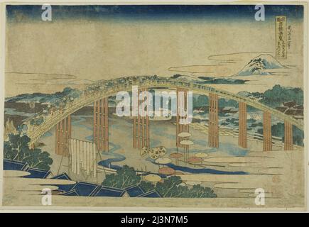 Pont Yahagi à Okazaki sur le Tokaido (Tokaido Okazaki Yahagi no hashi), de la série "vues inhabituelles des ponts célèbres dans diverses provinces (Shokoku meikyo kiran)&#x201d;, Japon, c. 1833/34. Banque D'Images