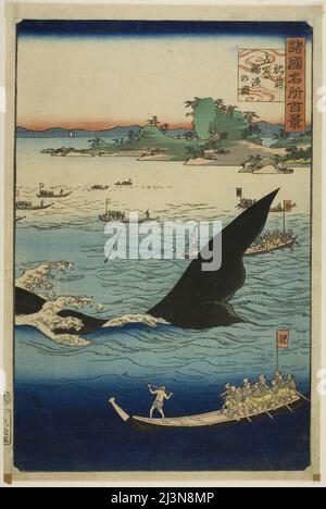 Image d'une chasse aux baleines à Goto, province de Hizen (Hizen Goto geiryo no zu), de la série "cent vues célèbres dans les différentes provinces (Shokoku meisho hyakkei)&#x201d;, 1859. Banque D'Images