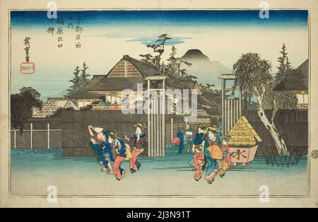 Saule à la porte du quartier de plaisir de Shimabara (Shimabara deguchi no yanagi), de la série "lieux célèbres à Kyoto (Kyoto meisho no uchi)", c. 1834. Banque D'Images