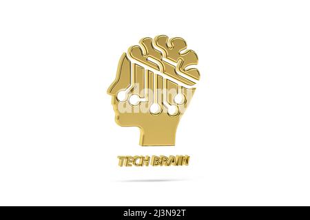 Golden 3D TECH Brain Icon isolé sur fond blanc - rendu 3D Banque D'Images