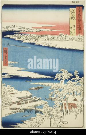 Musashi province: Matin après neige sur la rivière Sumida (Musashi, Sumidagawa yuki no ashita), de la série "lieux célèbres dans les soixante-provinces impaires (Rokujuyoshu meisho zue)", 1853. Banque D'Images