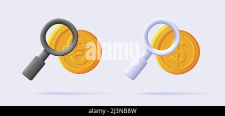 Ensemble de 3D icônes numériques d'une loupe avec argent doré euro et pièce de dollar. Illustration vectorielle Illustration de Vecteur