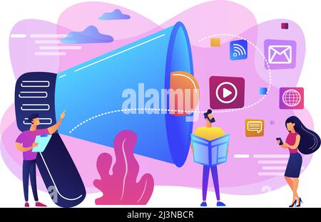 Minuscule peple, responsable marketing avec mégaphone et pousser la publicité. Publicité poussée, stratégie marketing traditionnelle, concept marketing interrompu. B Illustration de Vecteur