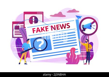 Diffusion de fausses informations. Presse, journalistes de journaux, éditeurs. Fausses nouvelles, contenu de malbouffe, désinformation dans le concept de médias. Vif et vibrant v Illustration de Vecteur