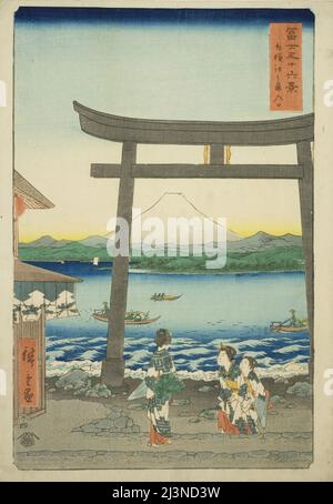 Entrée à Enoshima dans la province de Sagami (Sagami Enoshima iriguchi), de la série "trente-six vues sur le Mont Fuji (Fuji sanjurokkei)", 1858. Banque D'Images