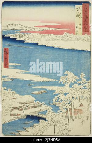 Musashi province: Matin après neige sur la rivière Sumida (Musashi, Sumidagawa yuki no ashita), de la série "lieux célèbres dans les soixante-provinces impaires (Rokujuyoshu meisho zue)", 1853. Banque D'Images