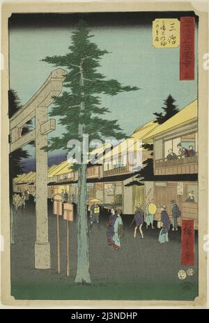 Mishima : la première porte du sanctuaire de Mishima Daimyojin, no 12 de la série "célèbre vue des cinquante-trois stations (Gojulan tsugi meisho zue)", également connue sous le nom de la verticale Tokaido, 1855. Banque D'Images