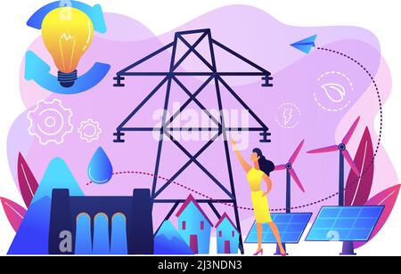 Scientifique avec des idées de développement durable panneaux solaires, hydroélectricité, vent. Énergie durable, énergie orientée vers l'avenir, concept de système d'énergie intelligent. Illustration de Vecteur