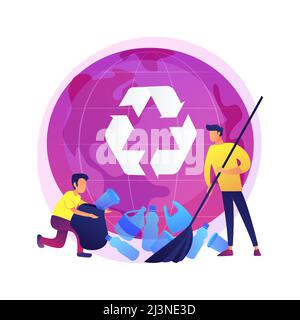 Tri des déchets de plastique. Recyclage et réutilisation de l'idée. Homme rassemblant des bouteilles en plastique. Conteneur de déchets, ségrégation des déchets, protection écologique. Vecteur i Illustration de Vecteur