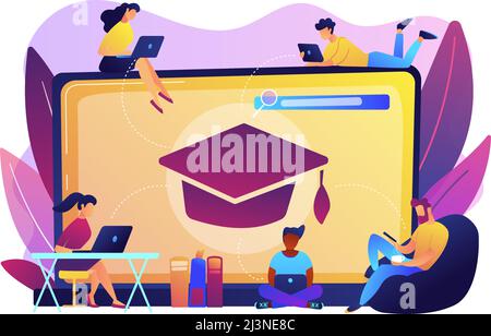 Étudiants avec des PC portables étudiant et un PC portable énorme avec un chapeau de fin de diplôme. Cours en ligne gratuits, cours de certificat en ligne, concept d'école d'affaires en ligne. B Illustration de Vecteur