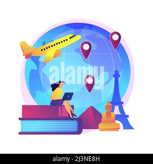 Homme sur l'aventure de vacances. Le tourisme international, la visite du monde entier, le programme d'échange étudiant. Tourisme avec sac à dos voyageant à l'étranger. Vecteur Illustration de Vecteur