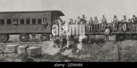 Guerre d'indépendance de Cuba (1895-1898). Île de Cuba. Répartition des rations sur la ligne défensive de Júcaro à Morón. Gravure. La Ilustración Española y Americana, 1898. Banque D'Images