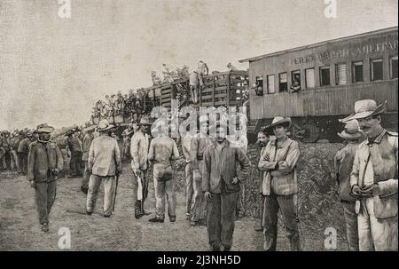 Guerre d'indépendance de Cuba (1895-1898). Île de Cuba. Train militaire conduisant des troupes. Gravure. La Ilustración Española y Americana, 1898. Banque D'Images