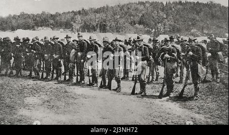 Guerre hispano-américaine. La guerre entre l'Espagne et les États-Unis en 1898, à la suite de l'intervention américaine dans la guerre d'indépendance de Cuba. Île de Cuba. Les troupes d'infanterie américaines débarquent à Cuba. Photogravure. La Ilustración Española y Americana, 1898. Banque D'Images