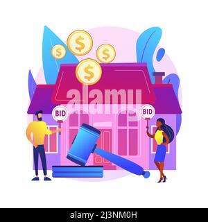 Illustration vectorielle abstraite de concept de maison de vente aux enchères. Vente aux enchères de biens résidentiels et commerciaux, achat, vente de biens en ligne, offre exclusive, consécutive b Illustration de Vecteur