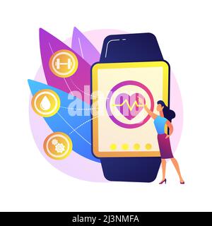 Fréquence cardiaque sur la montre intelligente. Capteur d'impulsions portable. Montre à bracelet, montre avec écran tactile, application de santé. Assistant fitness. Gadget pour l'entraînement. Vecteur i Illustration de Vecteur