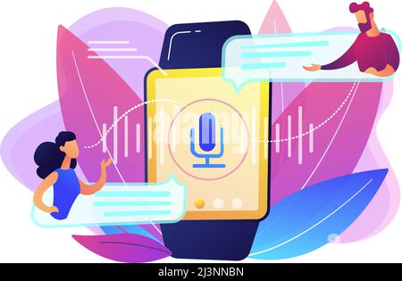 Utilisateurs traduisant la parole avec la montre intelligente. Traducteur numérique, traducteur portable, traducteur de langue électronique concept sur fond blanc. Lumineux Illustration de Vecteur