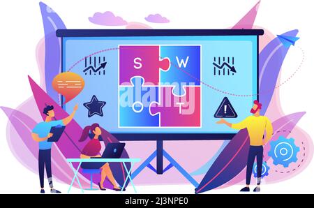 L'équipe d'analyse SWOT travaille sur la liste de vos opportunités, la stratégie et le suivi. Analyse et matrice SWOT, concept de planification stratégique. Lumineux vi Illustration de Vecteur