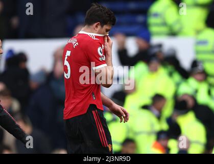 Liverpool, Royaume-Uni. 9th avril 2022. Harry Maguire, de Manchester United, réagit après le match de la Premier League à Goodison Park, à Liverpool. Le crédit photo doit être lu : Darren Staples / Sportimage Banque D'Images