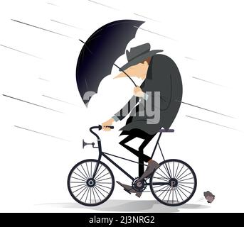 Un jour pluvieux et venteux et un homme fait une illustration de vélo. Un homme avec un parapluie fait un vélo sous le vent fort et la pluie isolée sur blanc Illustration de Vecteur