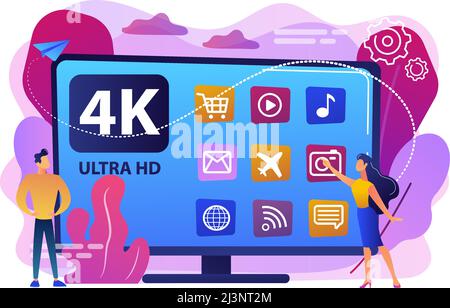 Les gens d'affaires qui regardent la télévision intelligente ultra hd moderne. Concept de technologie d'affichage 4K 8k, ultra haute définition, Smart TV UHD. Vive et éclatante Illustration de Vecteur