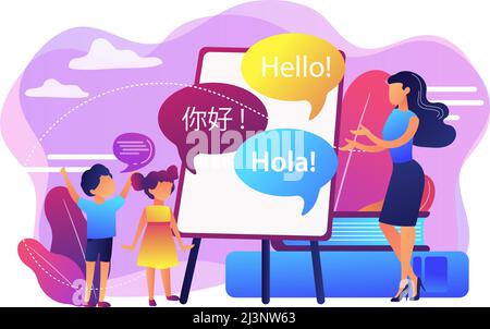 Des gens minuscules, des enseignants et des enfants en camp qui apprennent l'anglais et le chinois. Camp d'apprentissage des langues, programme de langue d'été, concept d'apprentissage des langues étrangères. Illustration de Vecteur