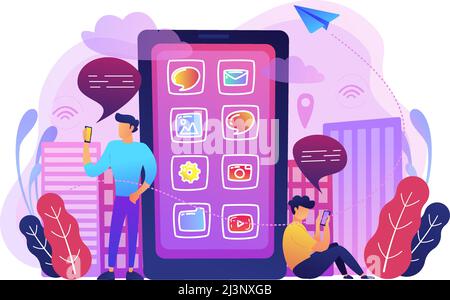Un téléphone intelligent pour homme à proximité d'un immense smartphone avec icônes d'application à l'écran pour vérifier les réseaux sociaux et les flux d'actualités. Réseaux sociaux, conseils d'actualités, Internet des objets et Smart City con Illustration de Vecteur