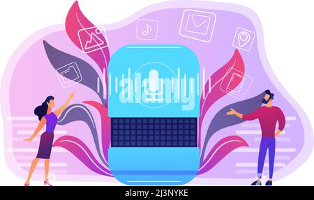 Utilisateurs achetant des applications de haut-parleur intelligent en ligne. Boutique en ligne des applications de l'assistant intelligent, concept de marché des applications de l'assistant numérique à commande vocale, vio Illustration de Vecteur