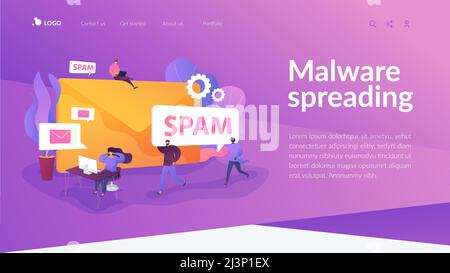 Spam, messages non sollicités, concept de diffusion de programmes malveillants. Modèle d'interface utilisateur de la page d'accueil du site Web. Page Web d'accueil avec en-tête infographique concept HERO i Illustration de Vecteur