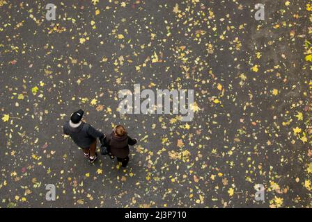 Un gars et une fille marchent main dans le parc à l'automne. Vue de dessus. Banque D'Images