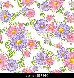 Vector Holiday Flowers Seamless Pattern, fond carré répétitif avec illustration de couleur pastel fleurs pétunia, gerbera violet, dessin animé vert Illustration de Vecteur