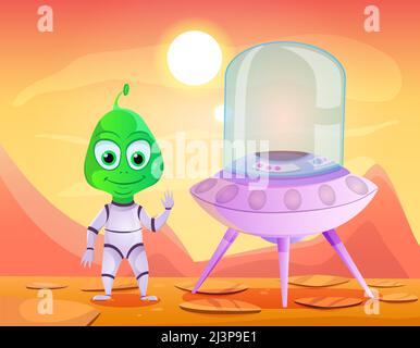 Un extraterrestre drôle dans un vaisseau spatial a atterri à la surface de la planète. Illustration de Vecteur