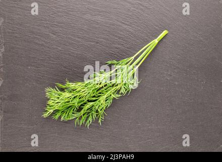 Un bouquet d'aneth vert frais sur une pierre d'ardoise, macro, vue de dessus. Banque D'Images