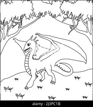 (Dragon coloriage page: 26) mignon Dragon avec la nature, herbe verte, arbres sur fond, vecteur noir et blanc coloriage page. Illustration de Vecteur