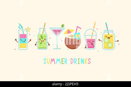 Personnages drôles de boissons d'été. Illustration de Vecteur