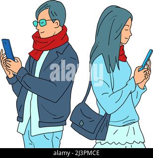 un couple d'un homme et d'une femme avec des téléphones, la dépendance sur les réseaux sociaux en ligne Illustration de Vecteur